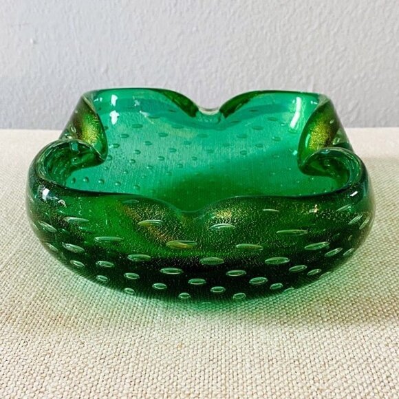 Murano Large Aventurine Bullicante Mid-Century Modern Emerald Green Bowl Ashtray - Picture 4 of 9